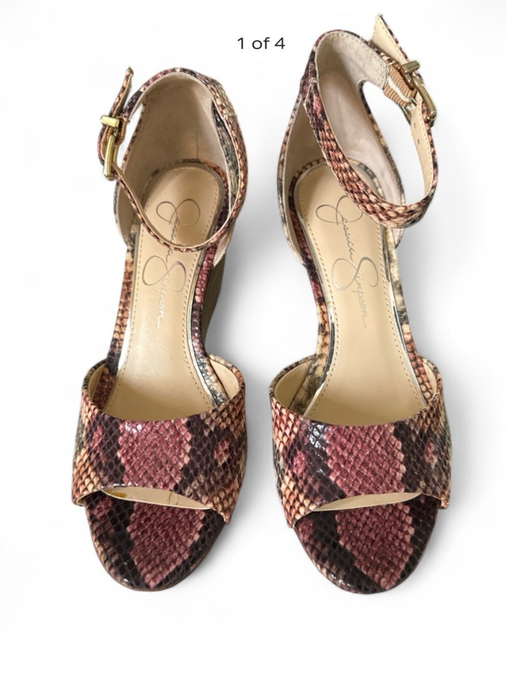 Jessica Simpson Pink & Brown Snake-Print Ankle Strap Heels New with box